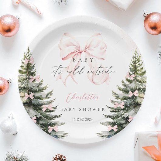 ピンクの弓のベビーシャワー外は寒い ペーパープレート