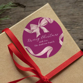 ピンクの弓のメリークリスマス ラウンドシール