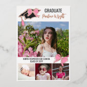 ピンクの弓の写真金箔の輪郭の卒業 箔招待状 (正面)