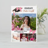 ピンクの弓の写真金箔の輪郭の卒業 箔招待状 (立ち正面)