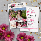 ピンクの弓の写真金箔の輪郭の卒業 箔招待状