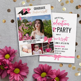 ピンクの弓の写真金箔の輪郭の卒業 箔招待状