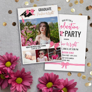 ピンクの弓の写真金箔の輪郭の卒業 箔招待状