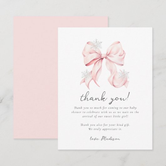 ピンクの弓の冬の雪の結晶のベビーシャワー ノートカード (正面/裏面)