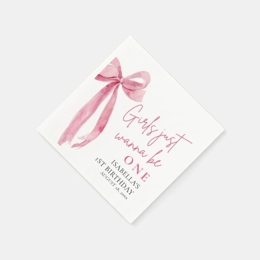 ピンクの弓の女の子が1歳の誕生日を迎える スタンダードカクテルナプキン (角)