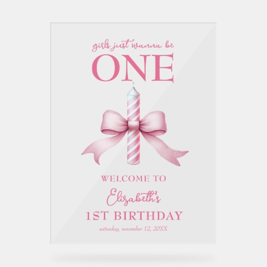 ピンクの弓の女の子が1歳の誕生日を過ごしたい アクリルサイン (正面)