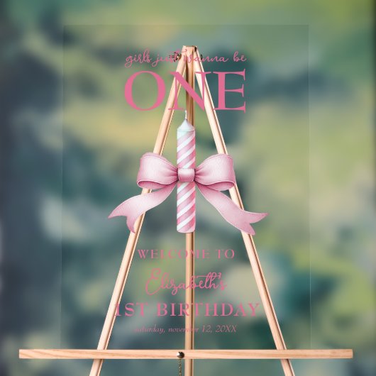 ピンクの弓の女の子が1歳の誕生日を過ごしたい アクリルサイン (ニュートラル)