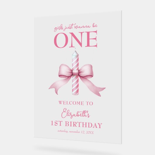 ピンクの弓の女の子が1歳の誕生日を過ごしたい アクリルサイン (傾斜)