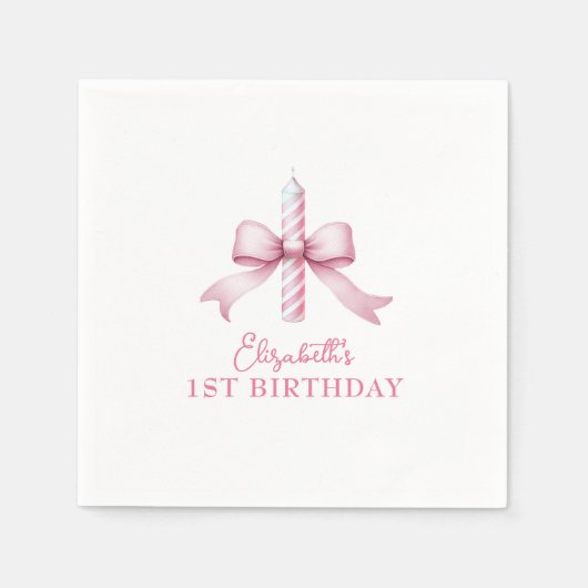 ピンクの弓の女の子が1歳の誕生日を過ごしたい スタンダードカクテルナプキン (正面)