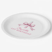 ピンクの弓の女の子が1歳の誕生日を過ごしたい ペーパープレート (アングル)