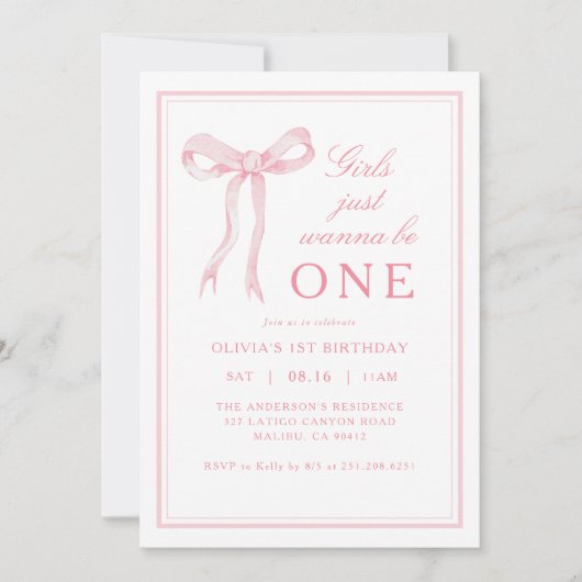 ピンクの弓の女の子が1歳の誕生日を過ごしたい 招待状 (正面)