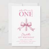 ピンクの弓の女の子が1歳の誕生日を過ごしたい 招待状 (正面)