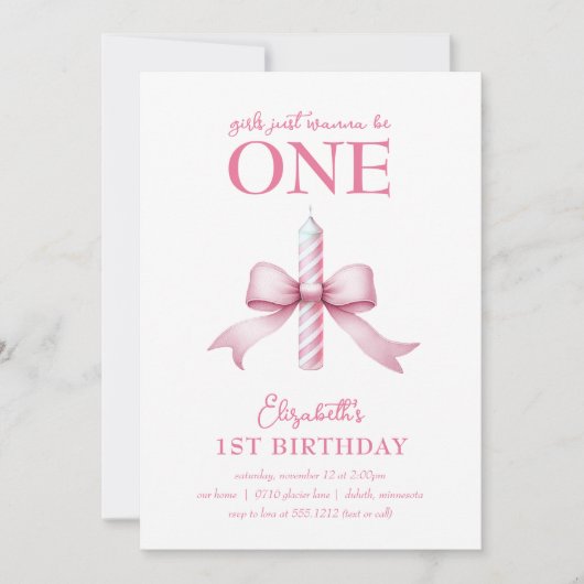 ピンクの弓の女の子が1歳の誕生日を過ごしたい 招待状 (正面)