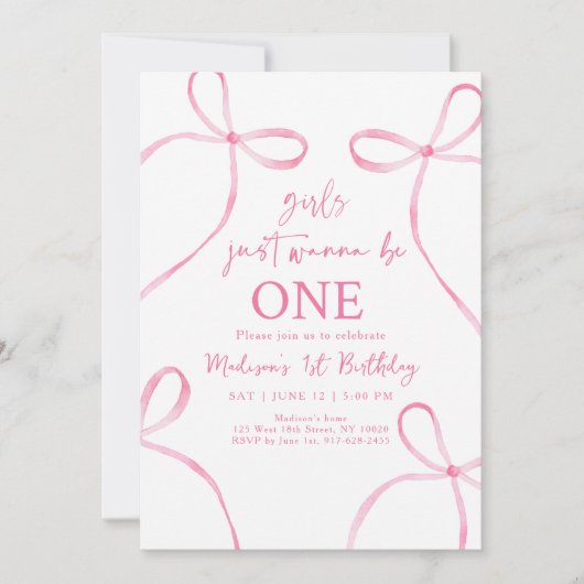 ピンクの弓の女の子が1歳の誕生日を過ごしたい 招待状 (正面)