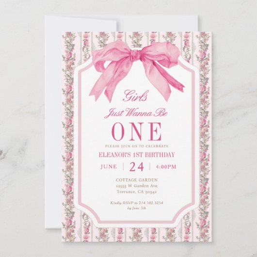 ピンクの弓の女の子が1歳の誕生日を過ごしたい 招待状 (正面)