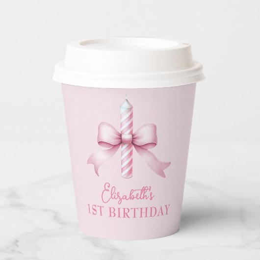 ピンクの弓の女の子が1歳の誕生日を過ごしたい 紙コップ (正面)