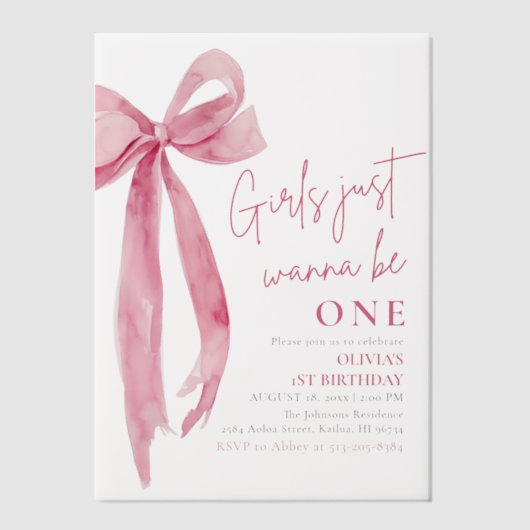 ピンクの弓の女の子だけで1歳の誕生日になりたい ベラム紙招待状 (正面)