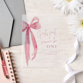 ピンクの弓の女の子だけで1歳の誕生日になりたい ベラム紙招待状