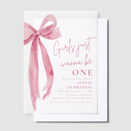 ピンクの弓の女の子だけで1歳の誕生日になりたい ベラム紙招待状 (オフセット)