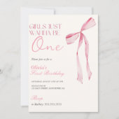 ピンクの弓の女の子だけで1歳の誕生日になりたい 招待状 (正面)