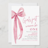ピンクの弓の女の子だけで1歳の誕生日になりたい 招待状 (正面)