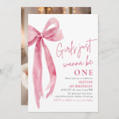 ピンクの弓の女の子だけで1歳の誕生日になりたい 招待状 (正面/裏面)