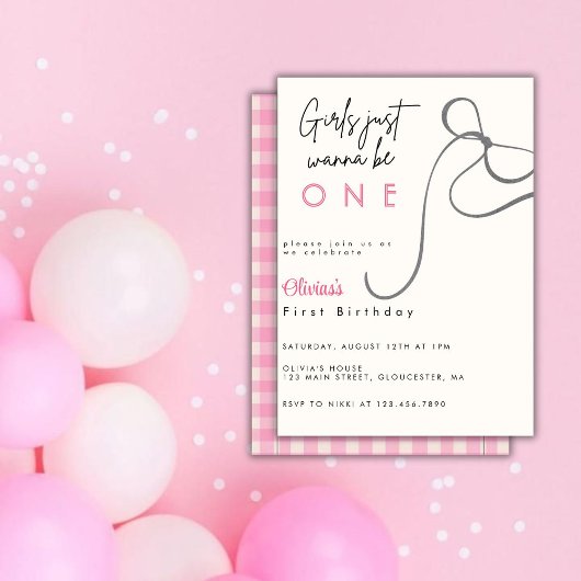 ピンクの弓の女の子だけで1歳の誕生日になりたい 招待状