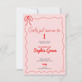 ピンクの弓の女の子だけで1歳の誕生日になりたい 招待状 (正面)