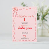 ピンクの弓の女の子だけで1歳の誕生日になりたい 招待状 (スタンド正面)