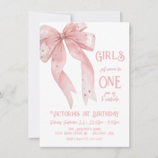 ピンクの弓の女の子は唯一の1つの誕生日でありたい 招待状 (正面)