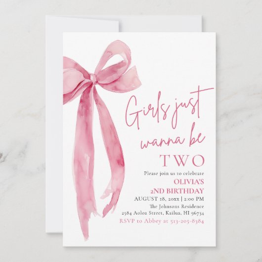ピンクの弓の女の子は、ちょうど2つの2つの2つの誕生日になりたいだけ 招待状 (正面)