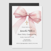 ピンクの弓の女の子ファースト・コミュニオン マグネット招待状 (正面/裏面)
