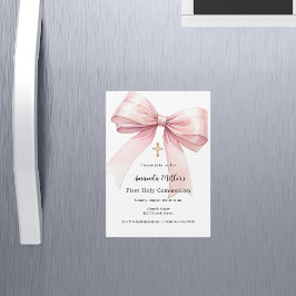 ピンクの弓の女の子ファースト・コミュニオン マグネット招待状