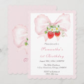 ピンクの弓の実の最初の誕生日パーティー招待状テンプレート 招待状 (正面/裏面)