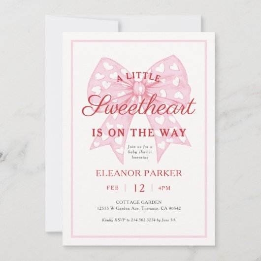 ピンクの弓の恋人が赤ちゃんシャワーの途中にある 招待状 (正面)