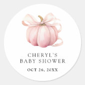 ピンクの弓の水の色かぼちゃの赤ちゃんシャワー ラウンドシール (正面)
