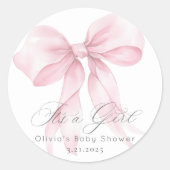 ピンクの弓の水色女の子の赤ちゃんシャワー ラウンドシール (正面)