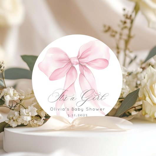 ピンクの弓の水色女の子の赤ちゃんシャワー ラウンドシール