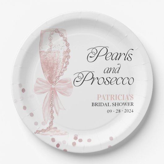 ピンクの弓の真珠とプロセッコのブライズシャワー ペーパープレート (正面)