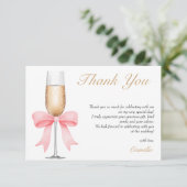 ピンクの弓の真珠とプロセッコの結婚前お礼メッセージ サンキューカード (スタンド正面)