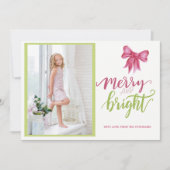 ピンクの弓の緑と明るいメリークリスマスの写真 シーズンカード (正面)