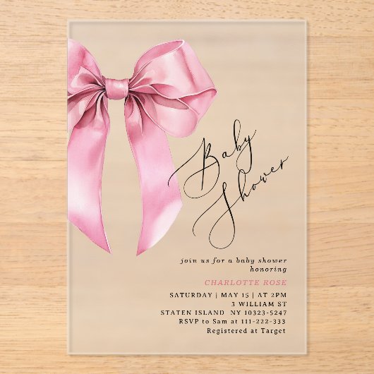 ピンクの弓の美しい赤ちゃんシャワー アクリル招待状 (正面)