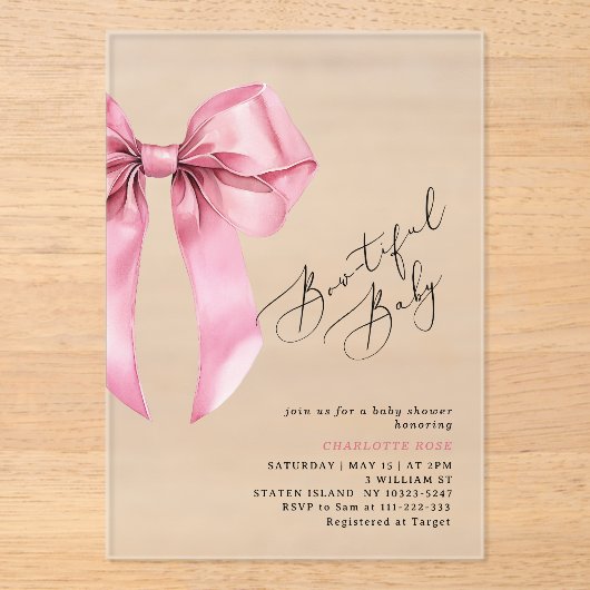 ピンクの弓の美しい赤ちゃんシャワー アクリル招待状 (正面)