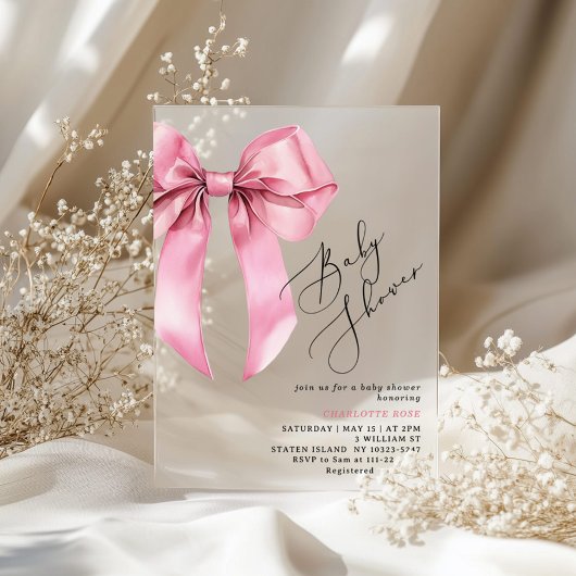 ピンクの弓の美しい赤ちゃんシャワー アクリル招待状