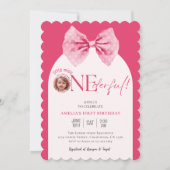 ピンクの弓の花のワンダフルなリトルミス、お誕生日おめでとう（１歳） 招待状 (正面)