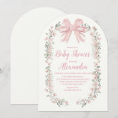ピンクの弓の花の少女ベビーシャワー 招待状 (正面/裏面)