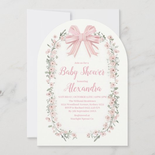 ピンクの弓の花の少女ベビーシャワー 招待状 (正面)