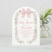 ピンクの弓の花の少女ベビーシャワー 招待状 (スタンド正面)