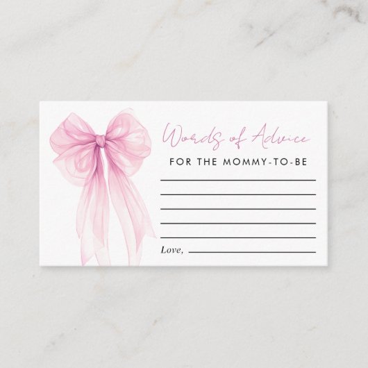 ピンクの弓の言葉のアドバイスベビーガールシャワー エンクロージャーカード (正面)