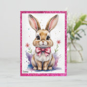 ピンクの弓の誕生日を持つ可愛いバニー 招待状 (スタンド正面)